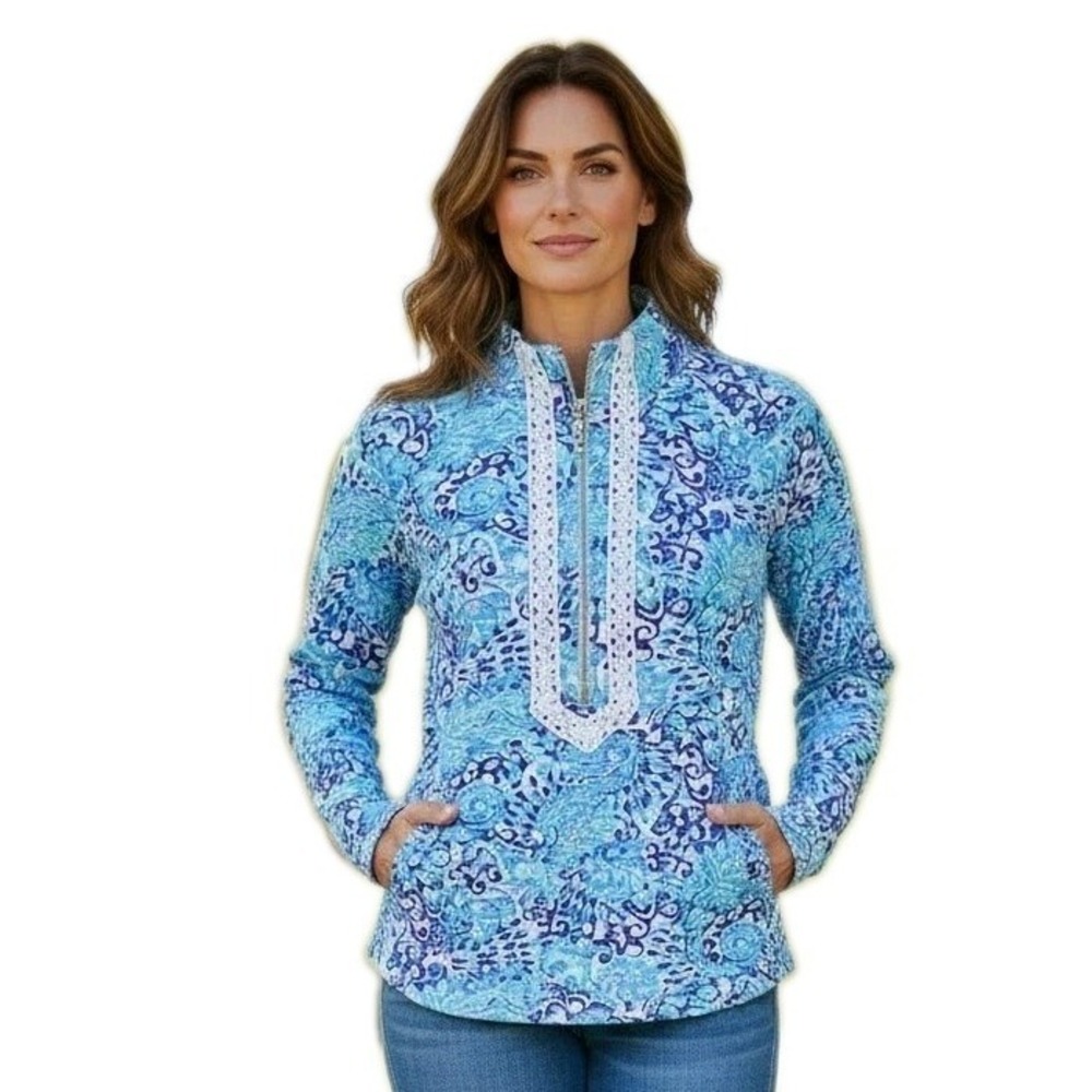Lilly Pulitzer Janie Popover UPF 50 Blue Lace Half Zip Jacket Preppy Retail $138